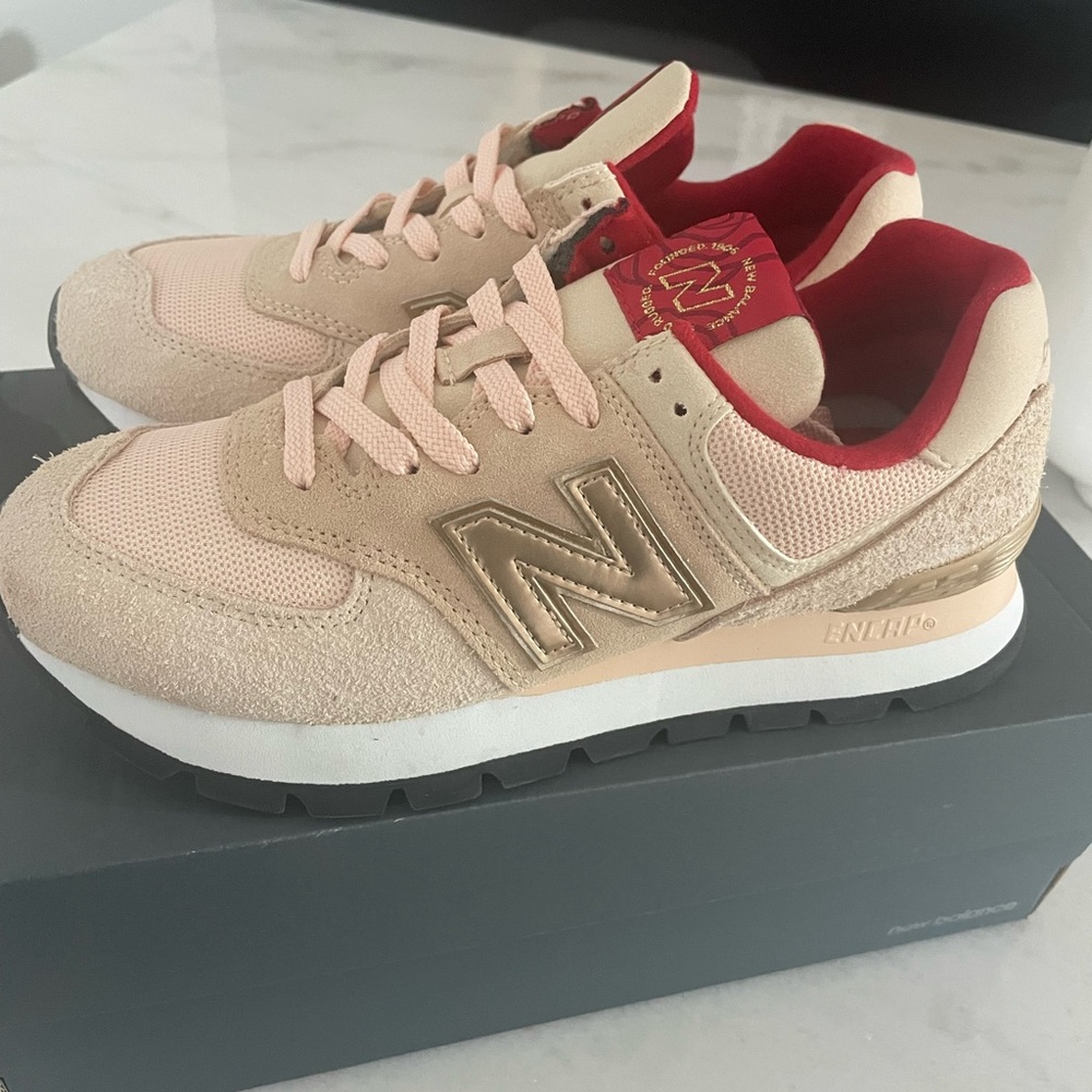 New Balance Blush Pink, gold and red sneakers NWT